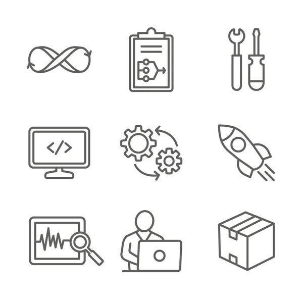 Devops Icon szett terv, Build, kód, teszt, release, monitor, — Stock Vector