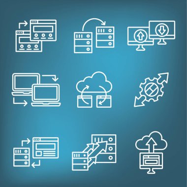 Web sitesi veri aktarımı simge dizüstü bilgisayarlar, oklar, ve görüntü o ile set