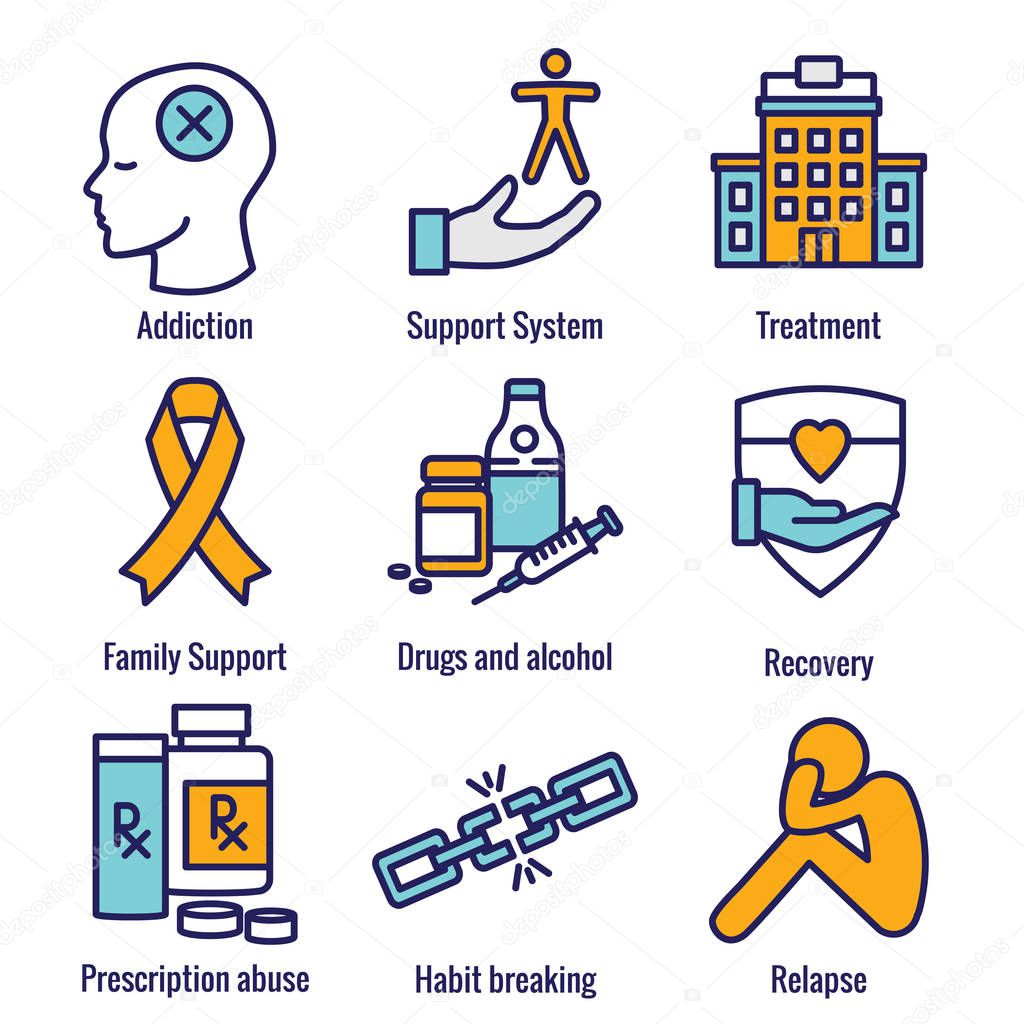 Drug & Alcohol Dependency Icon Set w support, recovery, and treatment