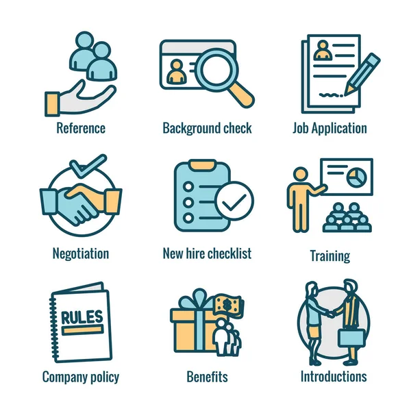 Hiring Process icon set with Benefits, background check, introdu — Stock Vector