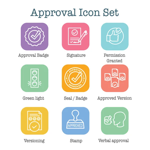 Conjunto de ícones de aprovação e assinatura com ícones de carimbo e versão —  Vetores de Stock