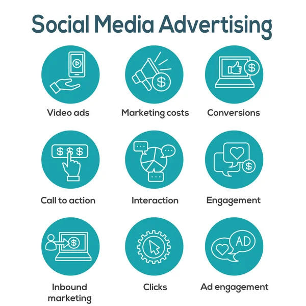 Conjunto de iconos de anuncios de redes sociales con anuncios de vídeo, participación del usuario, etc. — Vector de stock
