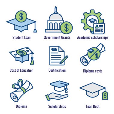 Student Loans Icon Set with Academic Scholarships & Debt Imagery clipart