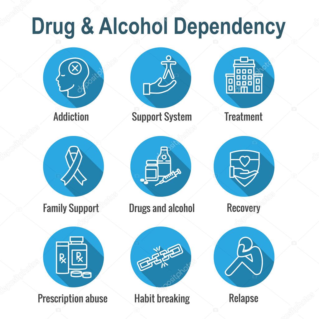 Drug & Alcohol Dependency Icon Set - support, recovery, and trea