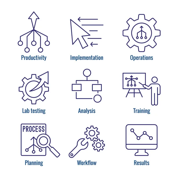 Ikonuppsättning för arbetsflödeseffektivitet-har åtgärder, processer, automa — Stock vektor