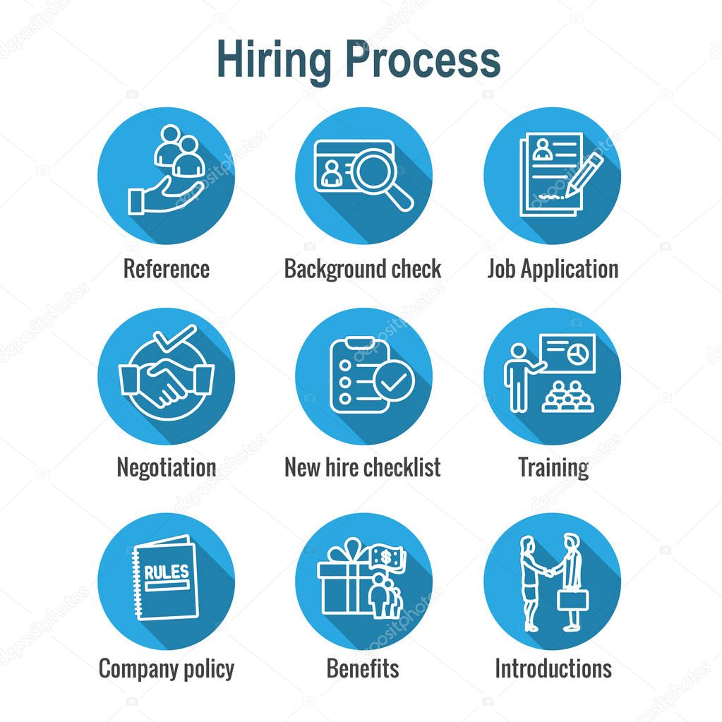 Hiring Process icon set with Benefits, background check, introdu