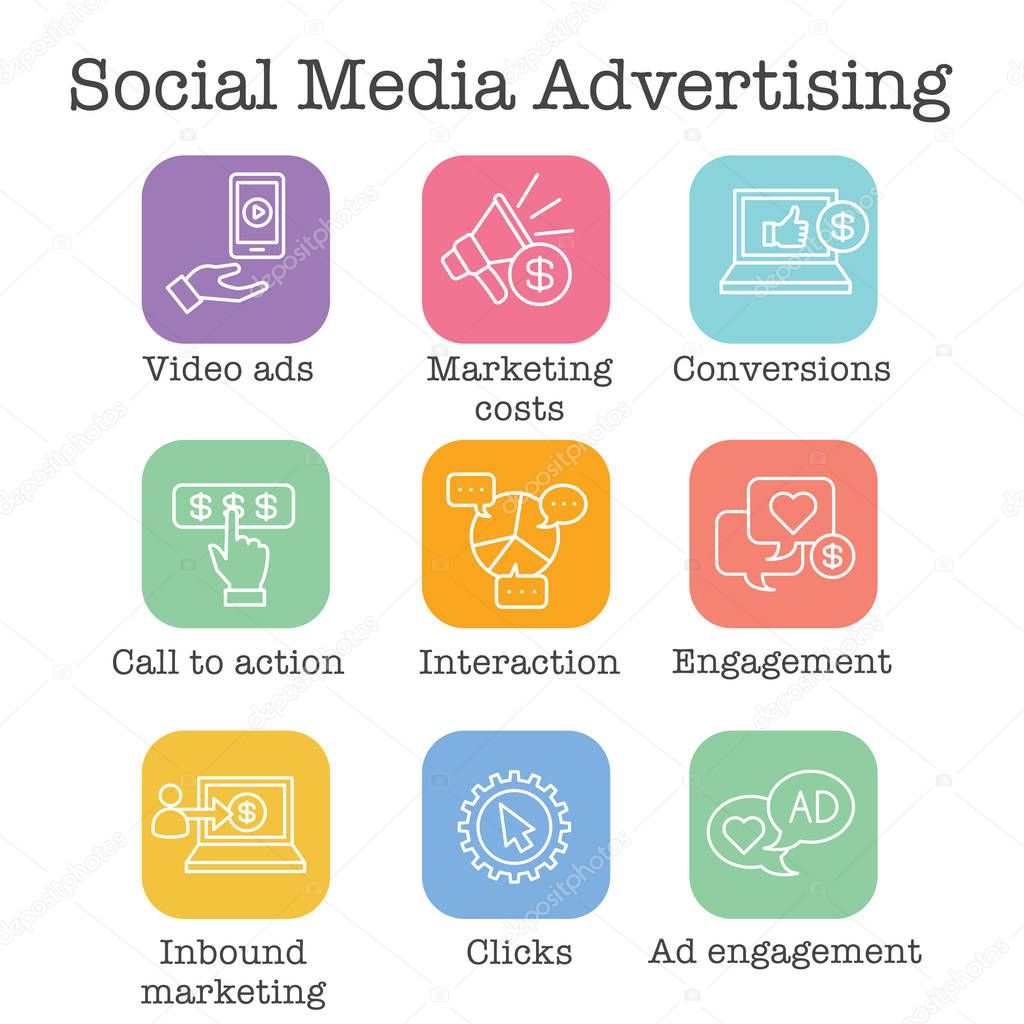 Social Media Ads Icon Set with video ads, user engagement, etc