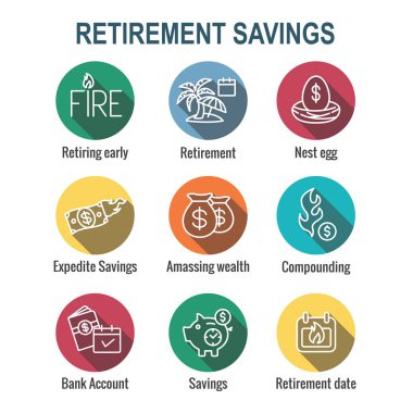 Emeklilik Tasarruf Simge Seti - para torbaları, yuva yumurta, takvim ve