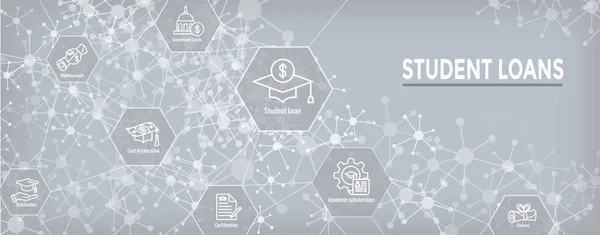Ensemble d'icônes de prêts étudiants avec bannière d'en-tête Web — Image vectorielle
