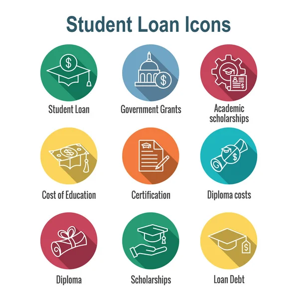 Icône de prêts étudiants sertie de bourses d'études et d'images d'endettement — Image vectorielle