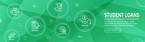 Conjunto de iconos de préstamos estudiantiles con encabezado web Banner — Archivo Imágenes Vectoriales
