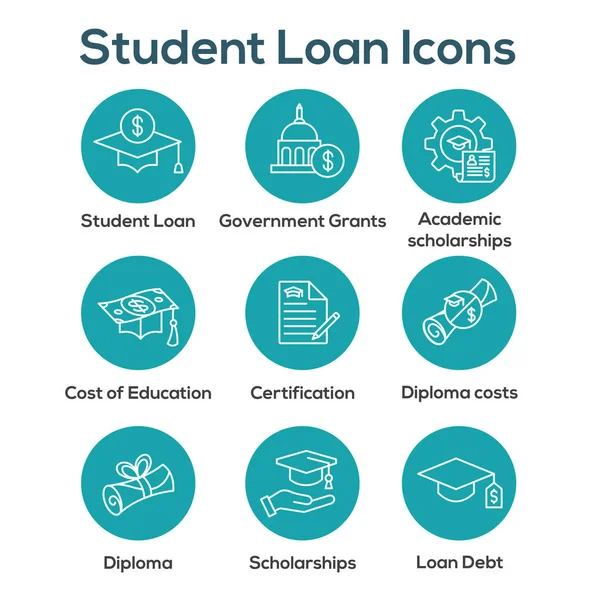 Icône de prêts étudiants sertie de bourses d'études et d'images d'endettement — Image vectorielle