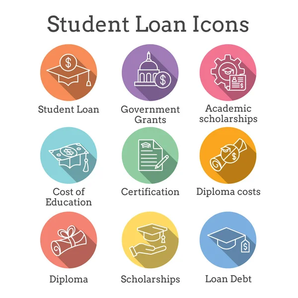 Icône de prêts étudiants sertie de bourses d'études et d'images d'endettement — Image vectorielle