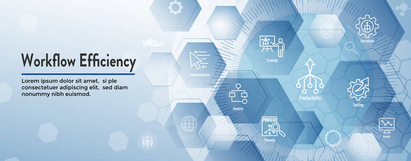 Набор значков эффективности рабочего процесса и баннер веб-заголовка с операционной системой
