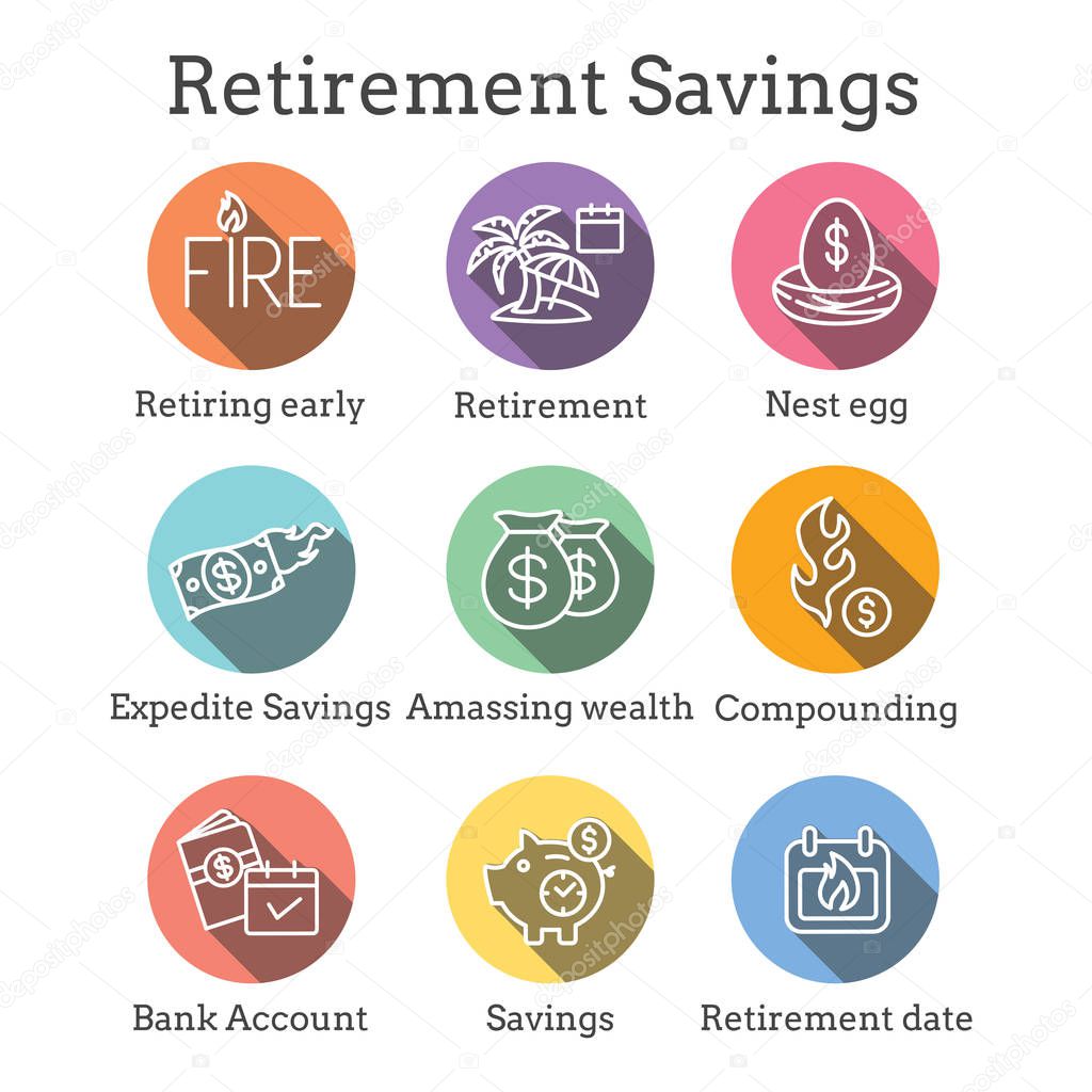 Retirement Savings Icon Set - money bags, nest egg, calendar and