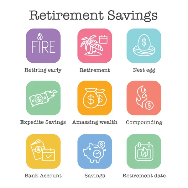 Emeklilik Tasarruf Simge Seti - para torbaları, yuva yumurta, takvim ve — Stok Vektör