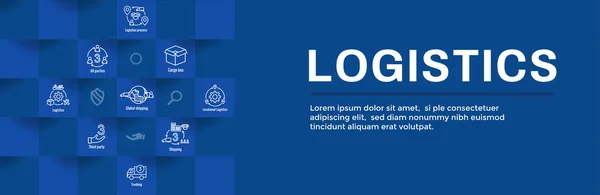 Logistik ikon set och web header banner med byggnader, truckin — Stock vektor