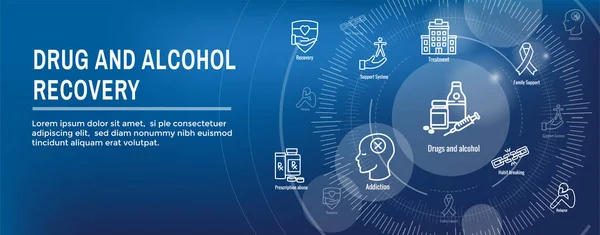 Drugs-en alcohol afhankelijkheid icon set & web header banner — Stockvector