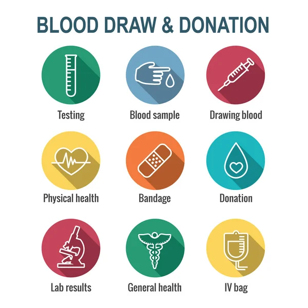 用注射器 捐赠和血液样本概念设置血液检测和工作图标 — 图库矢量图片