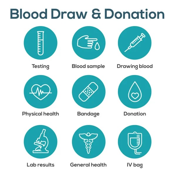Tes Darah Ikon Kerja Diatur Dengan Jarum Suntik Sumbangan Dan - Stok Vektor