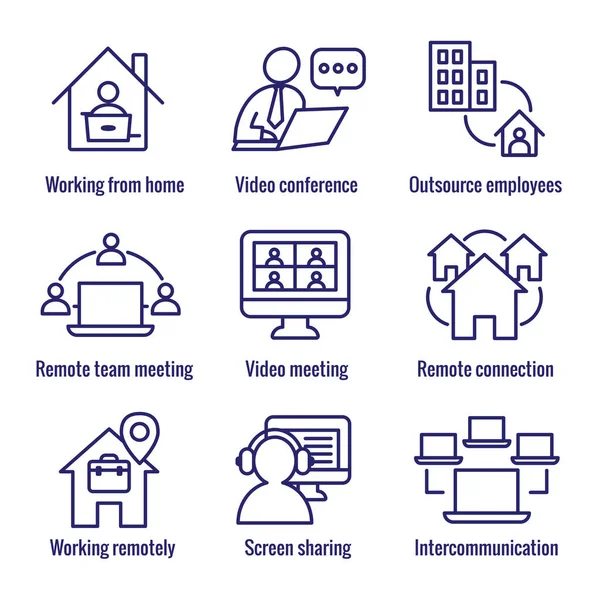 Remote Work Icon Set Arbeit Von Hause Aus Videotreffen Usw — Stockvektor