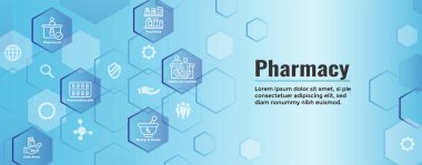 Eczacılık & ilaç simgesi web başlığı pankartı ile ayarlandı