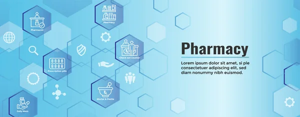 Ensemble Icônes Pharmaceutiques Médicaments Avec Bannière Tête Web — Image vectorielle