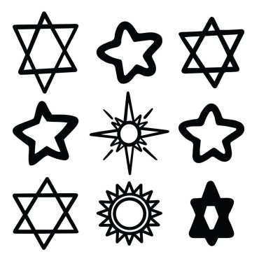 Yıldız simgesi el çizimi. David 'in yıldızları ve güneşler için siyah beyaz çizim