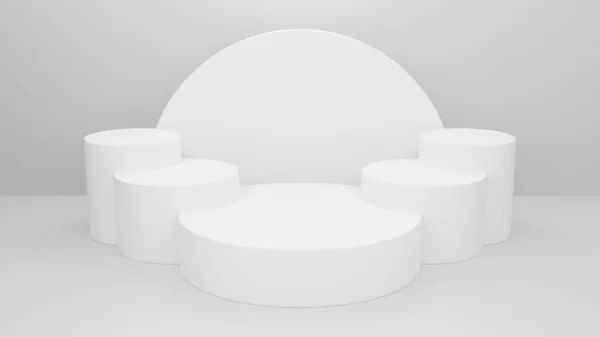 Beyaz stüdyo odasındaki geometrik silindir şekilli arka plan, podyum görüntüleme veya vitrin için minimalist model, 3D görüntüleme.