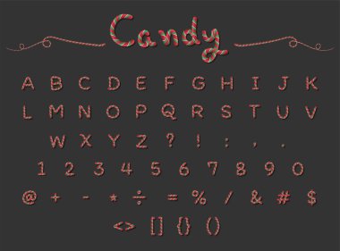 Şeker Çubuğu alfabesi büyük harf yazı tipi dizaynı kırmızı, yeşil ve beyaz çizgili