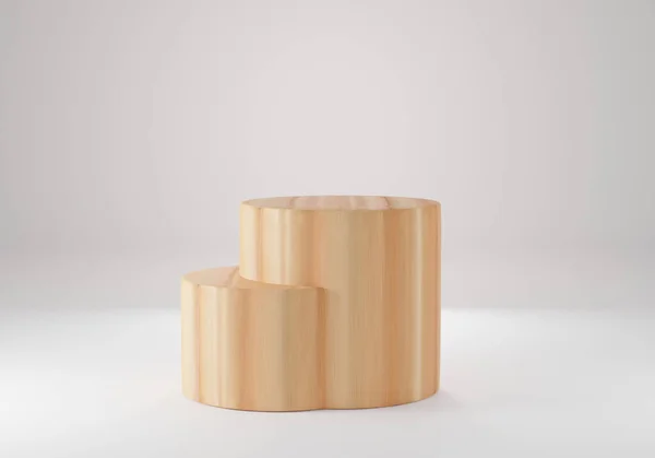Beyaz stüdyo odasında ahşap silindir şekilli arka plan, podyum veya vitrin için minimalist model, 3D görüntüleme.