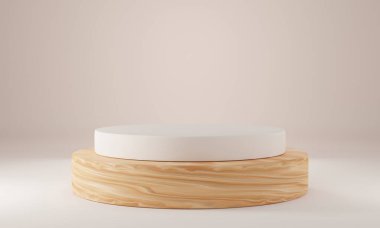 Beyaz stüdyo odasında ahşap silindir şekilli arka plan, podyum veya vitrin için minimalist model, 3D görüntüleme.