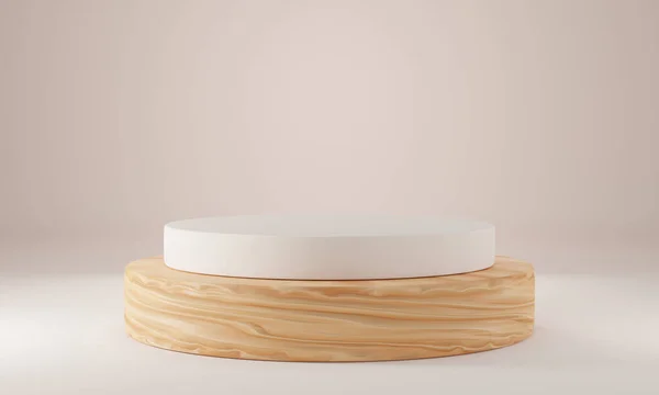 Beyaz stüdyo odasında ahşap silindir şekilli arka plan, podyum veya vitrin için minimalist model, 3D görüntüleme.