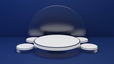Mavi stüdyo odasındaki geometrik cam silindir şekilli arka plan, podyum veya vitrin için minimalist model, 3D görüntüleme.
