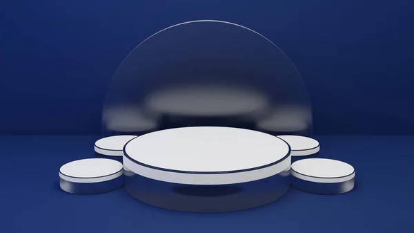 Mavi stüdyo odasındaki geometrik cam silindir şekilli arka plan, podyum veya vitrin için minimalist model, 3D görüntüleme.