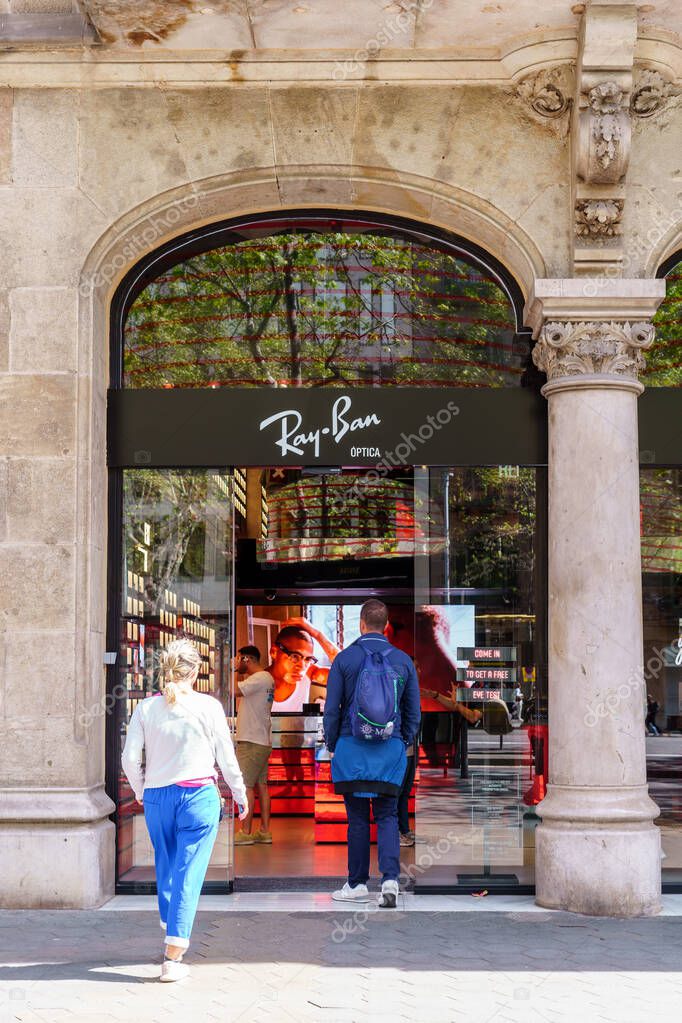 Barcelona, Spain-April 24, 2023. Ray-Ban is an American-Italian brand of sunglasses and luxury eyewear founded in 1937 by Bausch Lomb. The brand is best known for its Wayfarer sunglasses and aviator