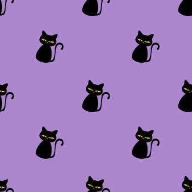 Halloween Black Cat Seamless Pattern Spooky Purple Background with Cute Cartoon Cats for Fall Design