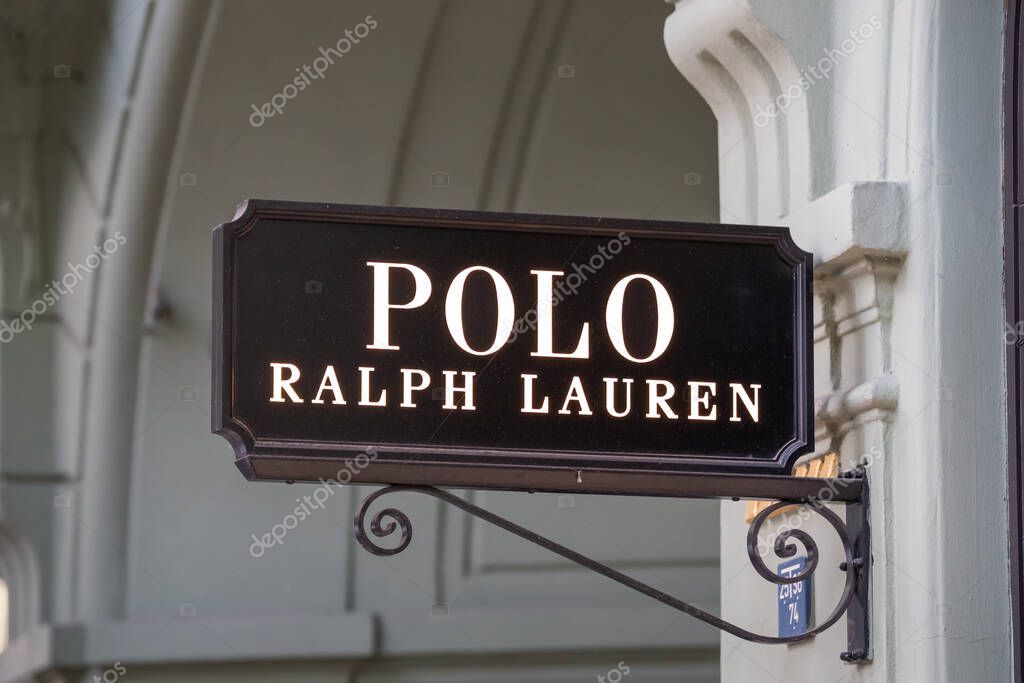 PRAGUE, CZECHIA - 29. May 2025: Polo Ralph Lauren logo signage at a store exterior. Boutique of the American fashion designer in a shopping street. Close-up of an advertisement sign of the brand.