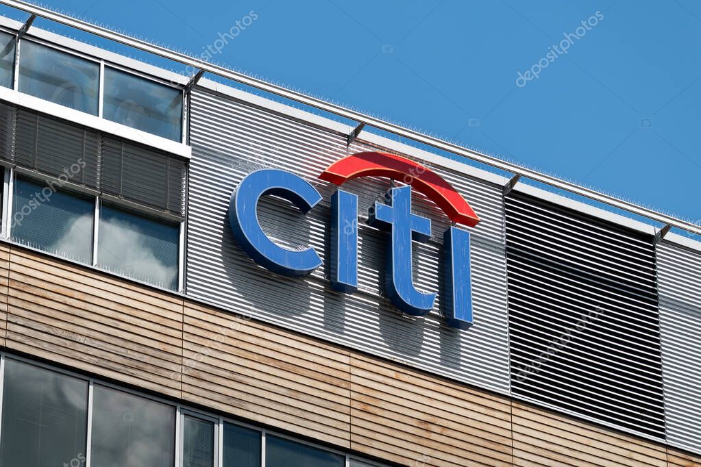 PRAGUE, CZECHIA - 29. May 2025: Citi or Citigroup logo sign on a building facade. American investment bank and provider of financial services like banking. Signage of the business on a office exterior