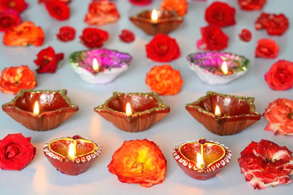 Decoração Diwali Com Lâmpadas Coloridas Flores — Fotografia de Stock