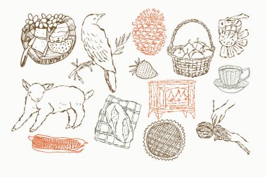 Cottagecore temalı Kuşlar ve Kır Hayatı. Vektör illüstrasyonu