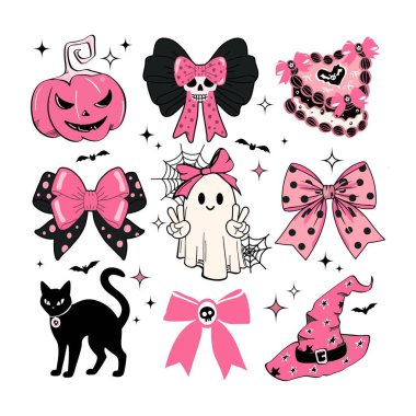 Cadılar Bayramı 'nda hayalet, pembe kafatası, cadı şapkası ve pastel balkabağı, tişörtler, kupalar, posterler, el sanatları ve dijital indirmeler için vektör çizimi..