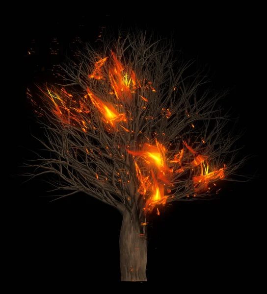 Φλόγα που καίει ξηρά δέντρα. Εικονογράφηση 3D. — Φωτογραφία Αρχείου