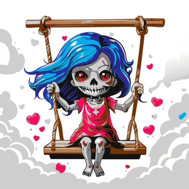 Çizgi film resimlerinde gri, çürümüş derisi, dikişli ağzı ve büyük, masum görünümlü kırmızı gözleri olan bir kadın zombi karakteri yer alıyor. Dalgalı, dağınık mavi saçları var ve sade pembe bir elbise giyiyor. Bu yapay zeka ürünü.