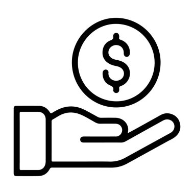 Basit bir çizgi resim simgesi, açık bir elin bir dolar işareti ile para aldığını, mali işlemleri, kazançları veya yatırımı simgelediğini gösteriyor..