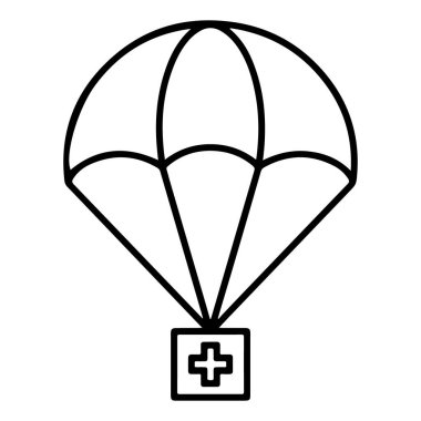 Siyah ve beyaz bir çizgi beyaz haçla işaretlenmiş tıbbi malzeme kutusuyla inen bir paraşütü gösteriyor..