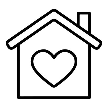 Yüzünün ortasında belirgin bir kalp sembolü olan bir evin minimalist siyah beyaz çizimi..