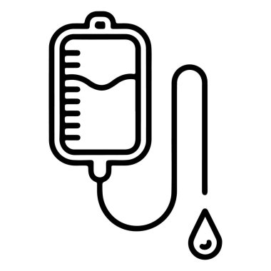 Tıbbi tedaviyi temsil eden, serumlu bir çanta ve düşen bir damlacığın basit bir siyah beyaz çizgisi..