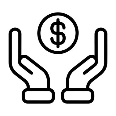 Bir dolar işareti ile bir madeni parayı kavrayan, mali yardımı, tasarrufu veya yatırımı temsil eden iki açık eli gösteren bir taslak simgesi.