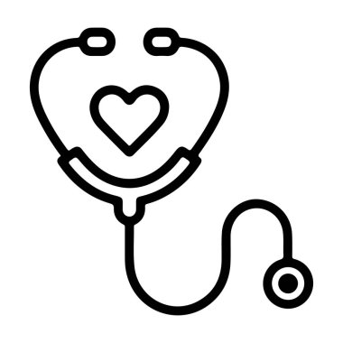 Kalp şeklinde bir steteskopun minimalist siyah beyaz çizimi, sağlık ve kalp sağlığını sembolize ediyor..